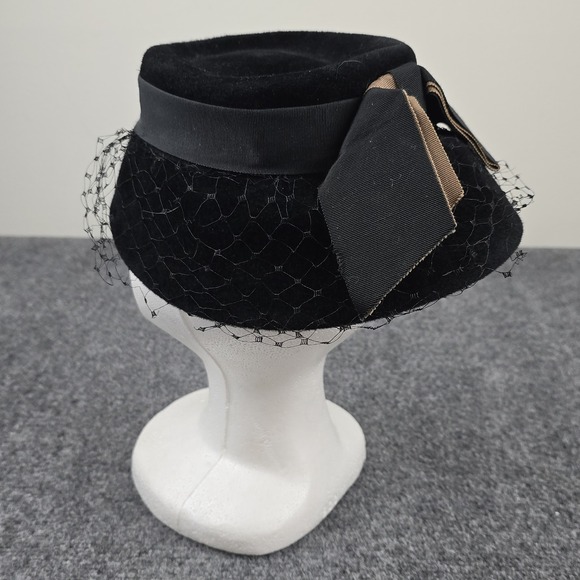 Vintage Peachbloom Velour Merrimac Body Black Fur Felt Hat with Veil & Bow‎ - Picture 6 of 11